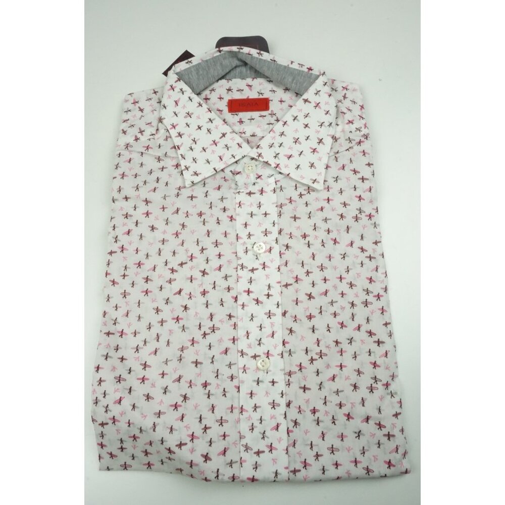 Isaia White Pink Gray Surfer Short Sleeve Cotton Shirt 15.5/39 NEW